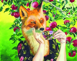 Greeting Card Fox Lady Drinking Tea Poster