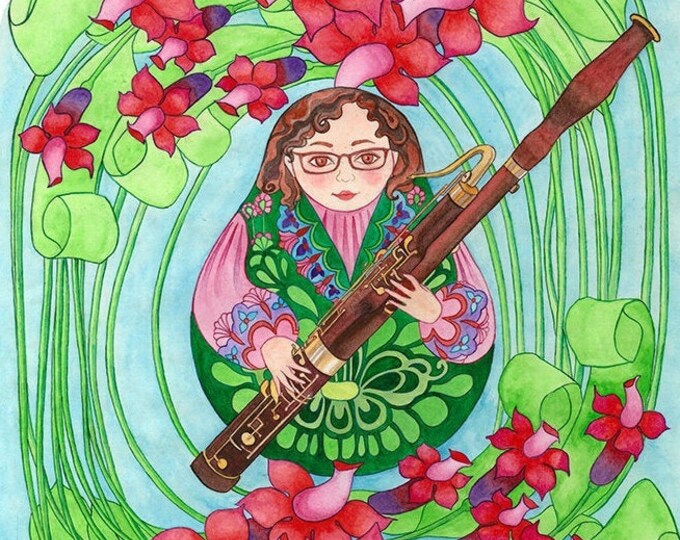 Greeting Card Russian Nesting Doll, Matryoshka, playing the Bassoon