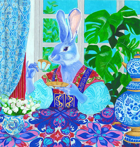 Greeting Card Velveteen Rabbit Drinking Tea with a Russian Folk Motif