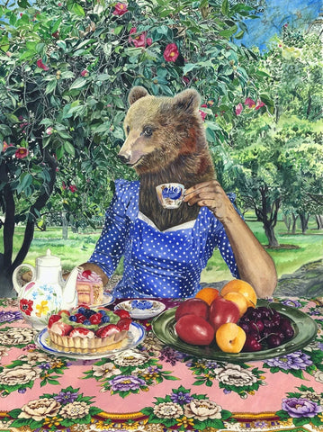 Greeting Card Lady Bear Drinking Tea with Cake, Tarte and Fruit in a Garden