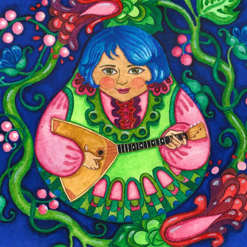 Greeting Card Matryoshka (Russian Nestling Doll) Playing the Balalaika